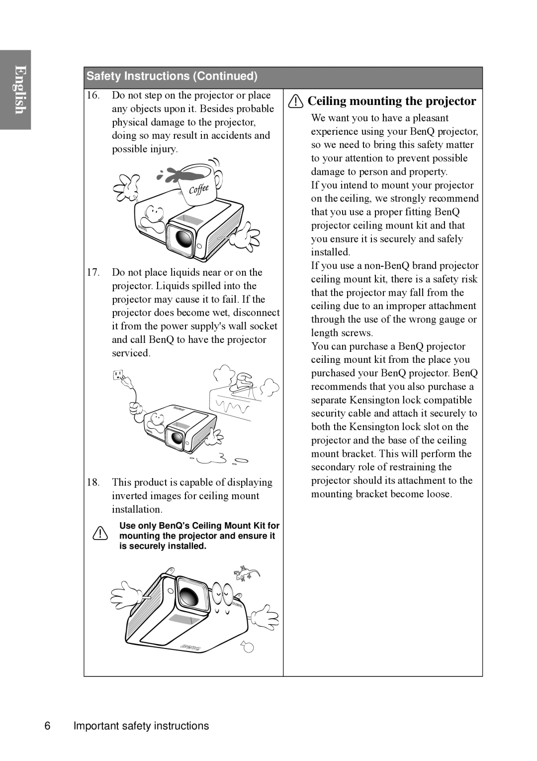 BenQ SP840 user manual Ceiling mounting the projector 