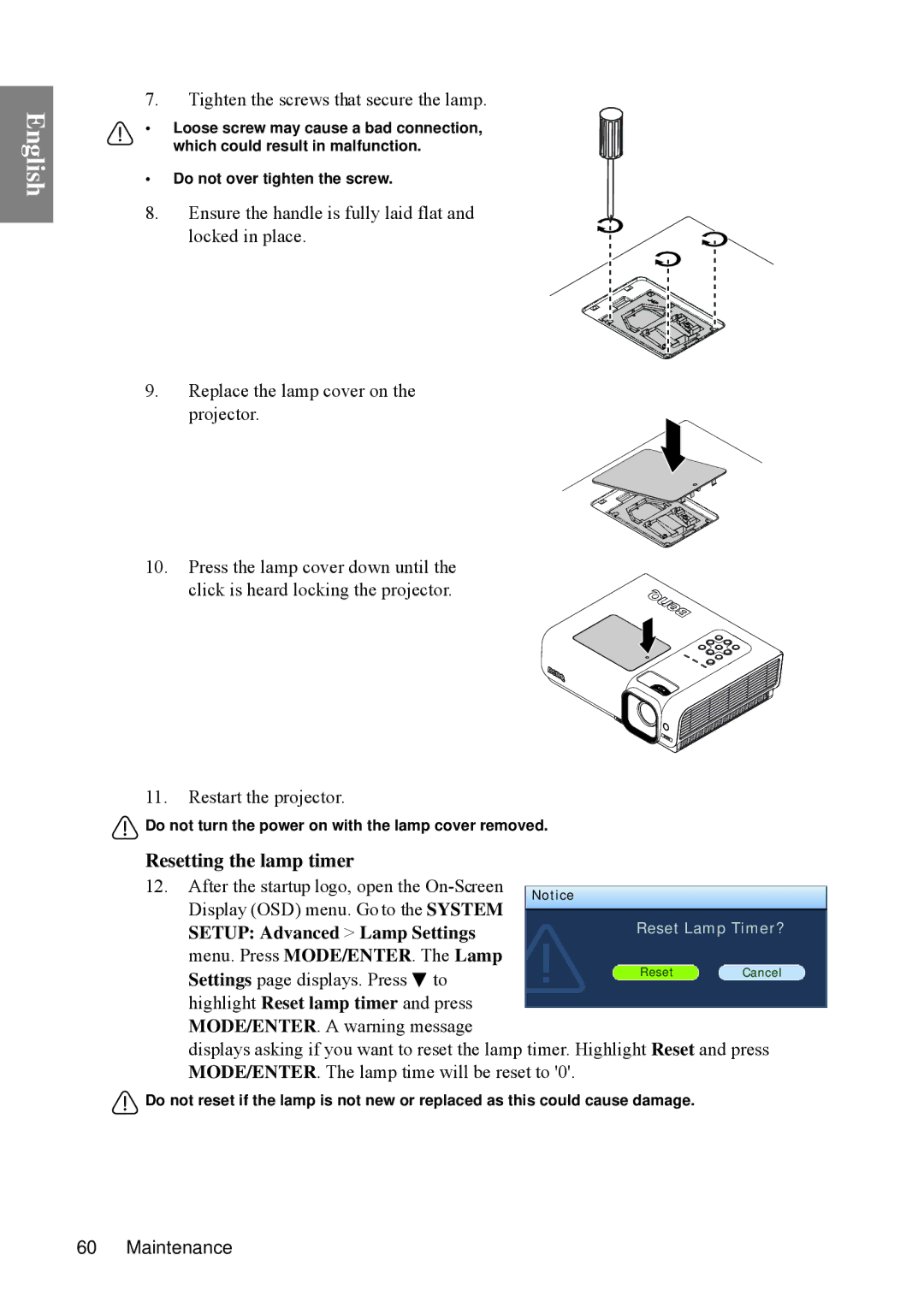 BenQ SP840 user manual Tighten the screws that secure the lamp, Setup Advanced Lamp Settings 