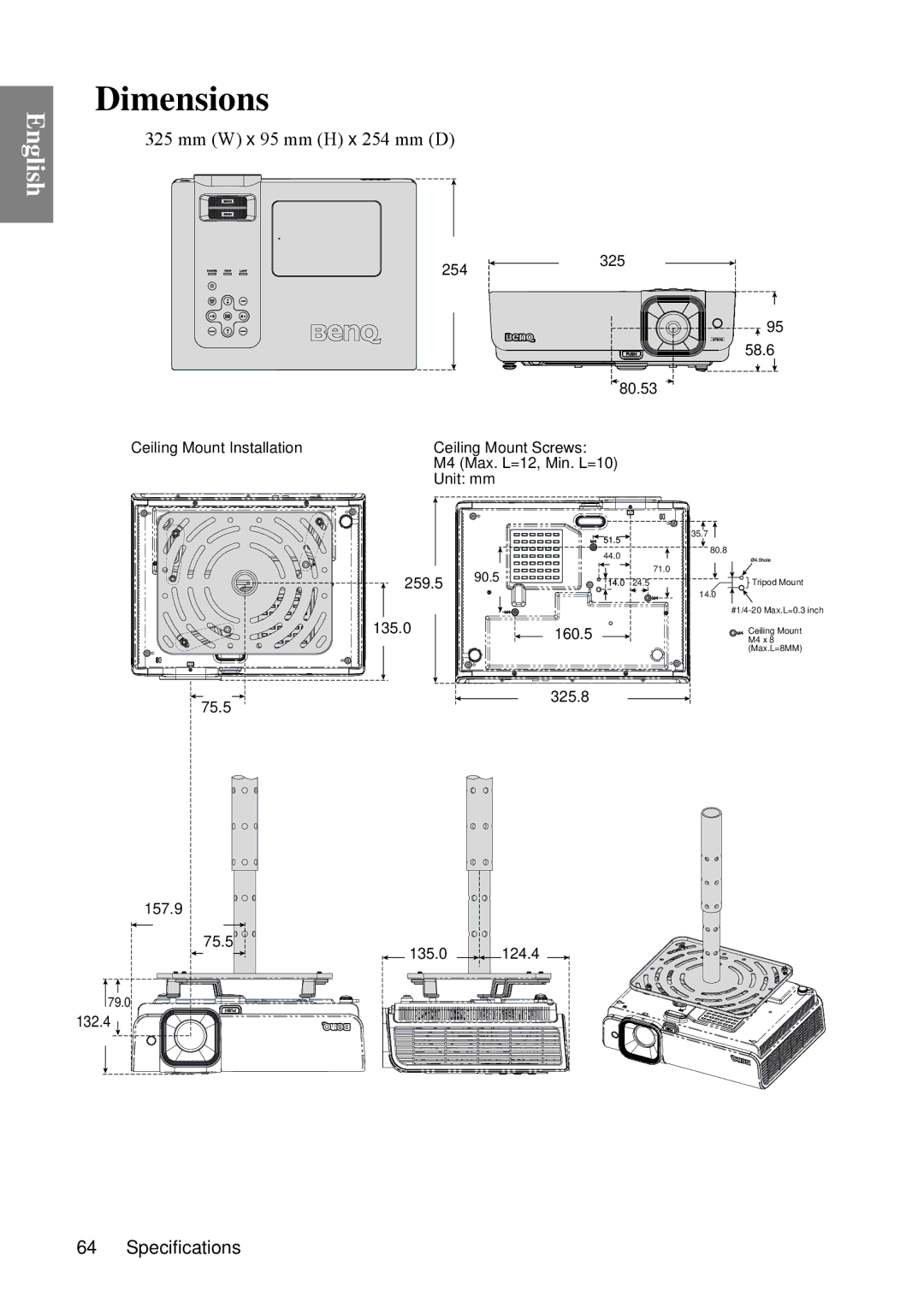 BenQ SP840 user manual Dimensions 