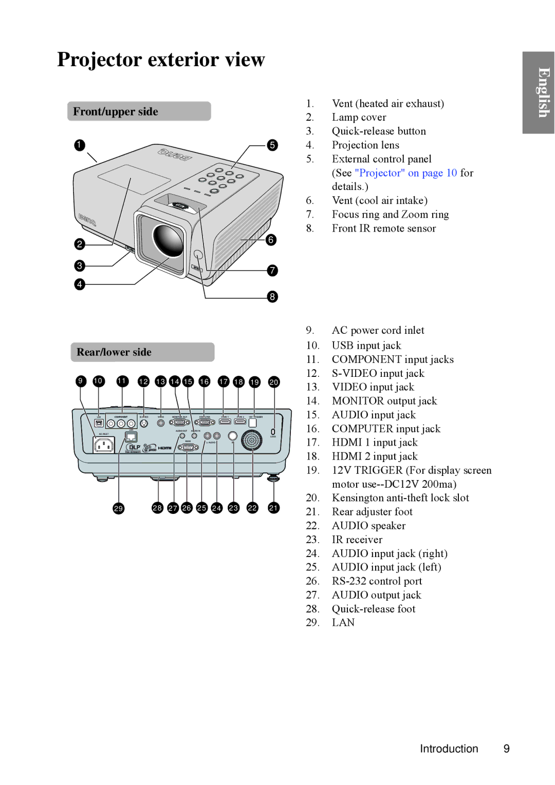 BenQ SP840 user manual Projector exterior view, Rear/lower side 