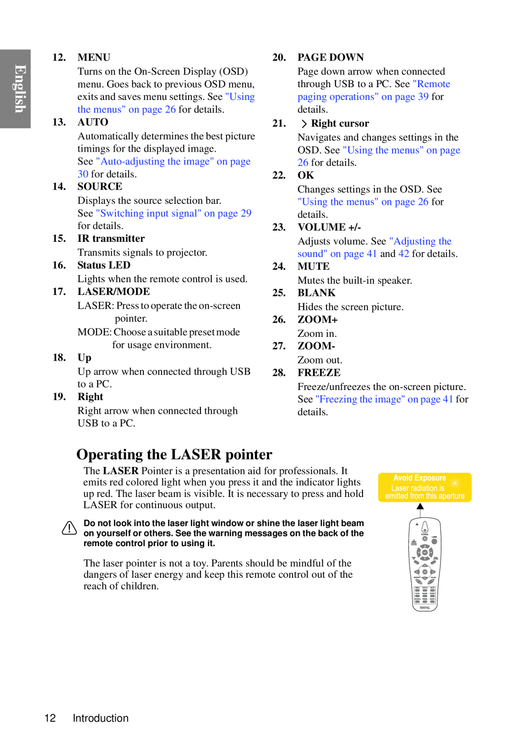 BenQ SP840 user manual Operating the LASER pointer, English, See Auto-adjusting the image on page 30 for details 