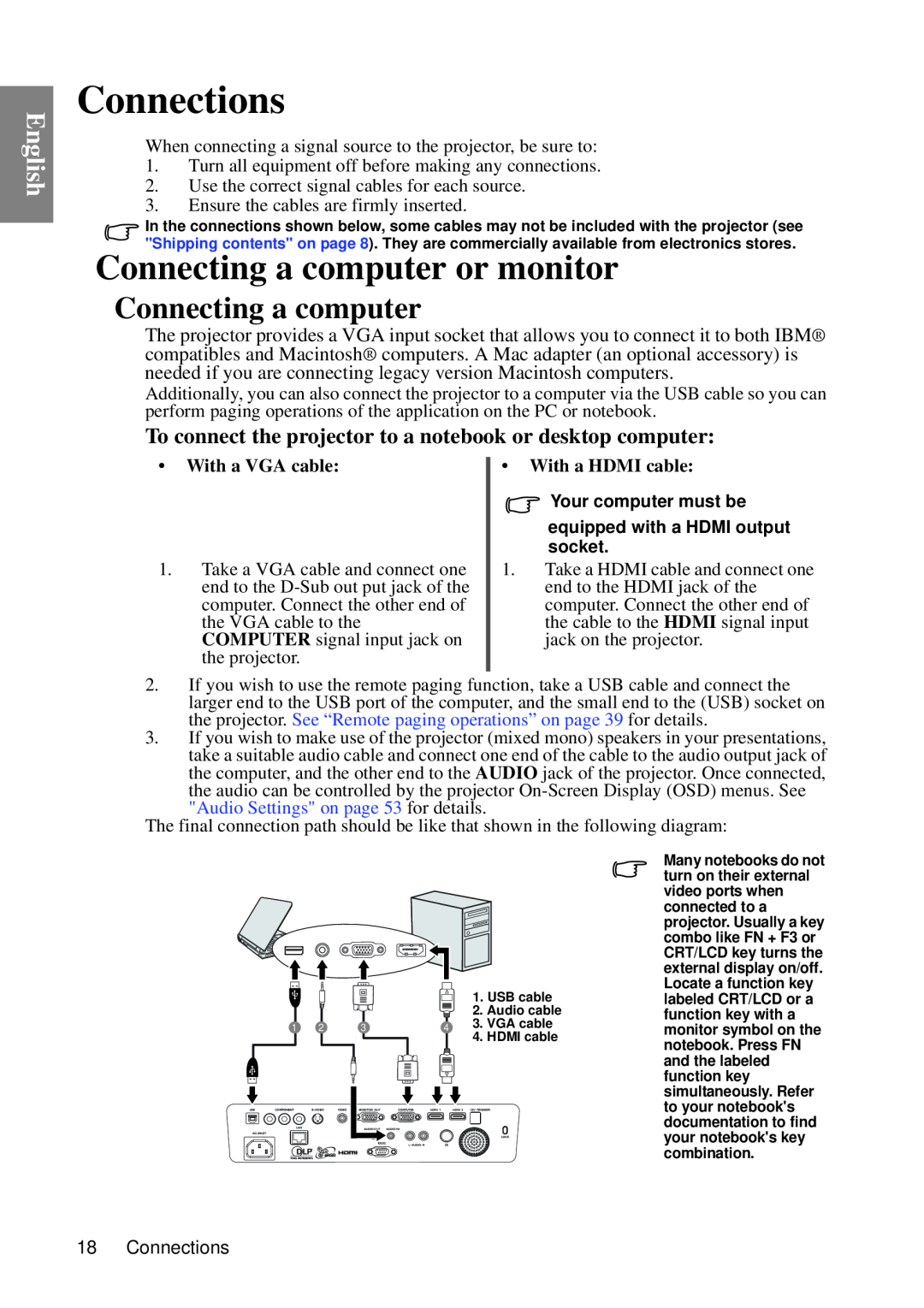 BenQ SP840 Connections, Connecting a computer or monitor, To connect the projector to a notebook or desktop computer 