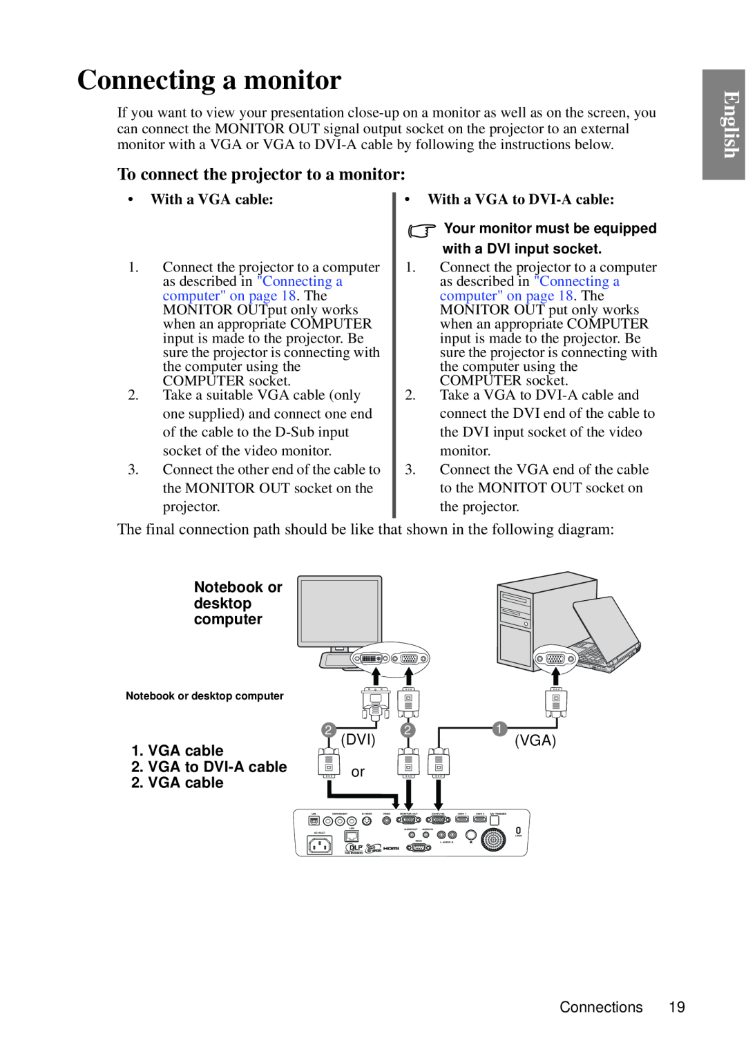 BenQ SP840 user manual Connecting a monitor, To connect the projector to a monitor, English 