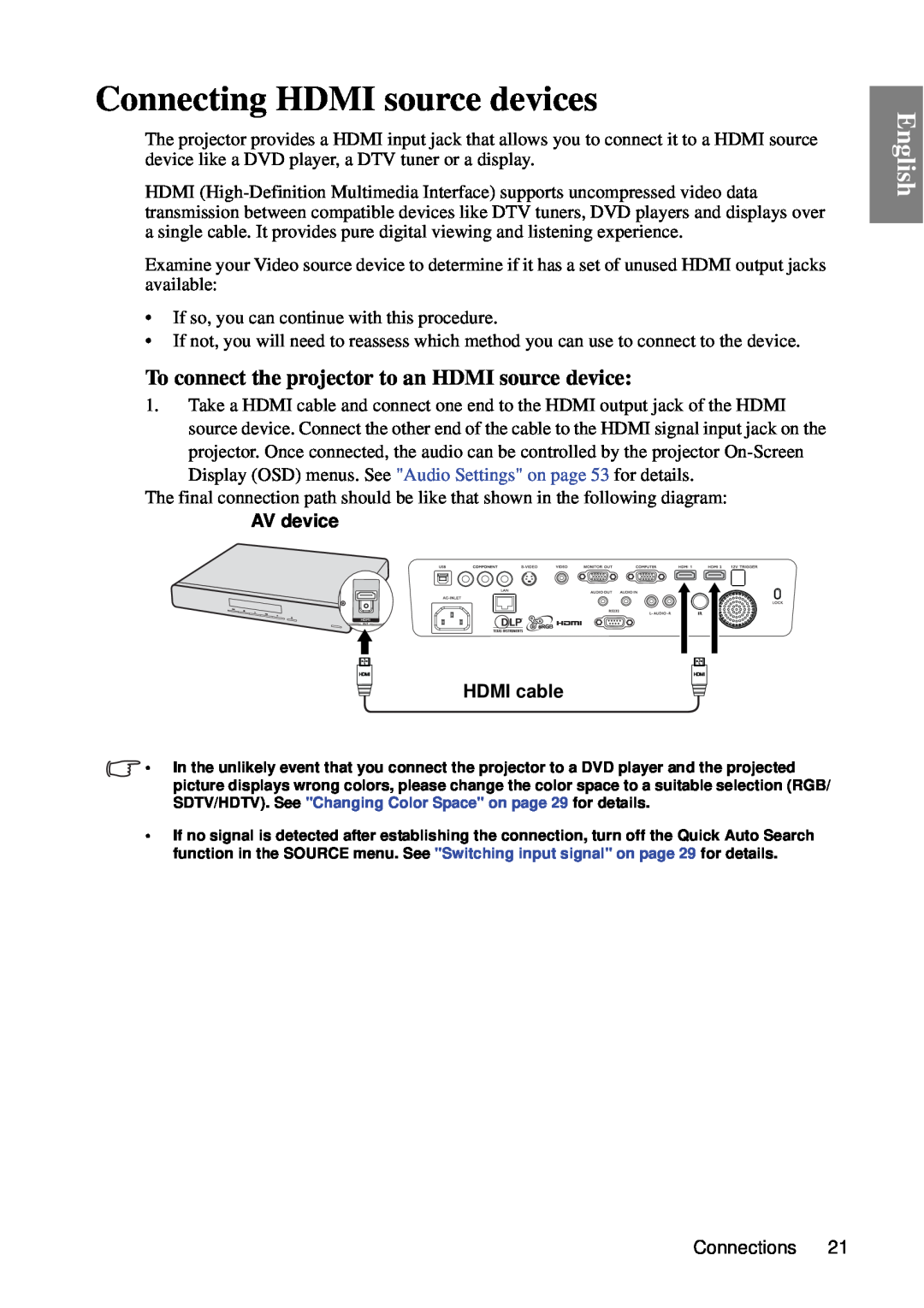 BenQ SP840 user manual Connecting HDMI source devices, To connect the projector to an HDMI source device, English 