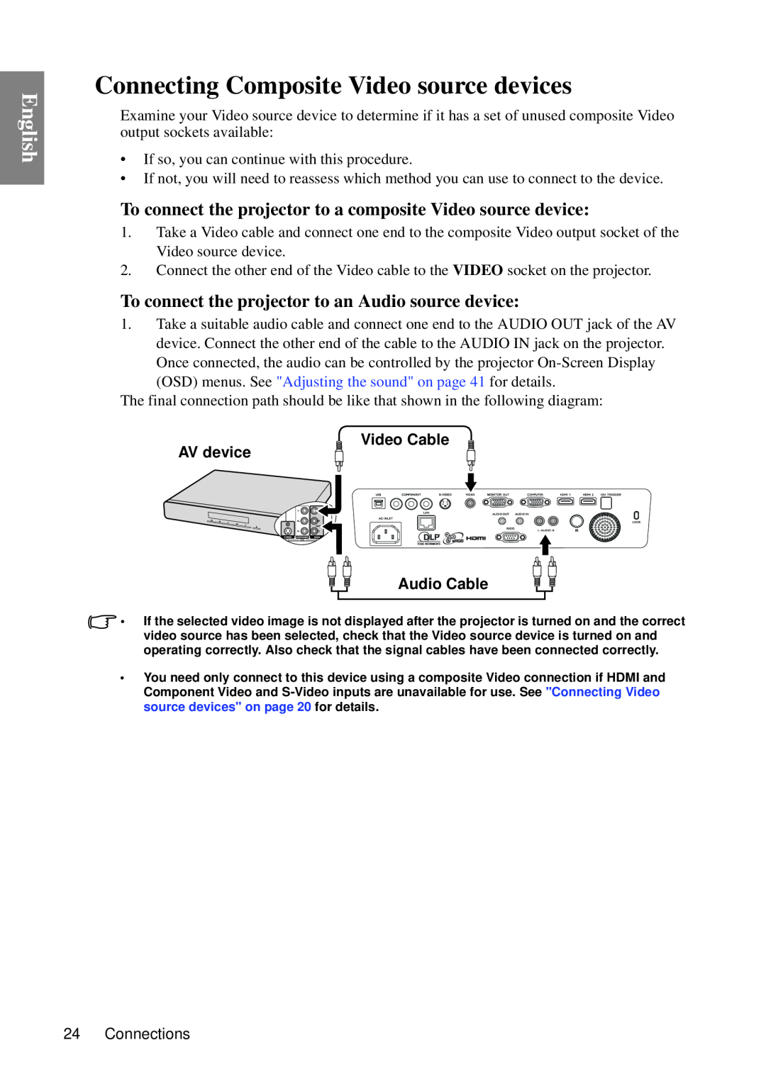 BenQ SP840 Connecting Composite Video source devices, To connect the projector to a composite Video source device, English 