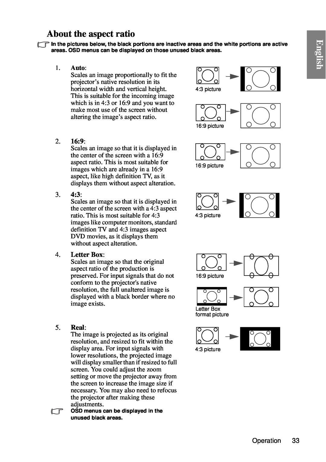 BenQ SP840 user manual About the aspect ratio, English, Letter Box, Real 