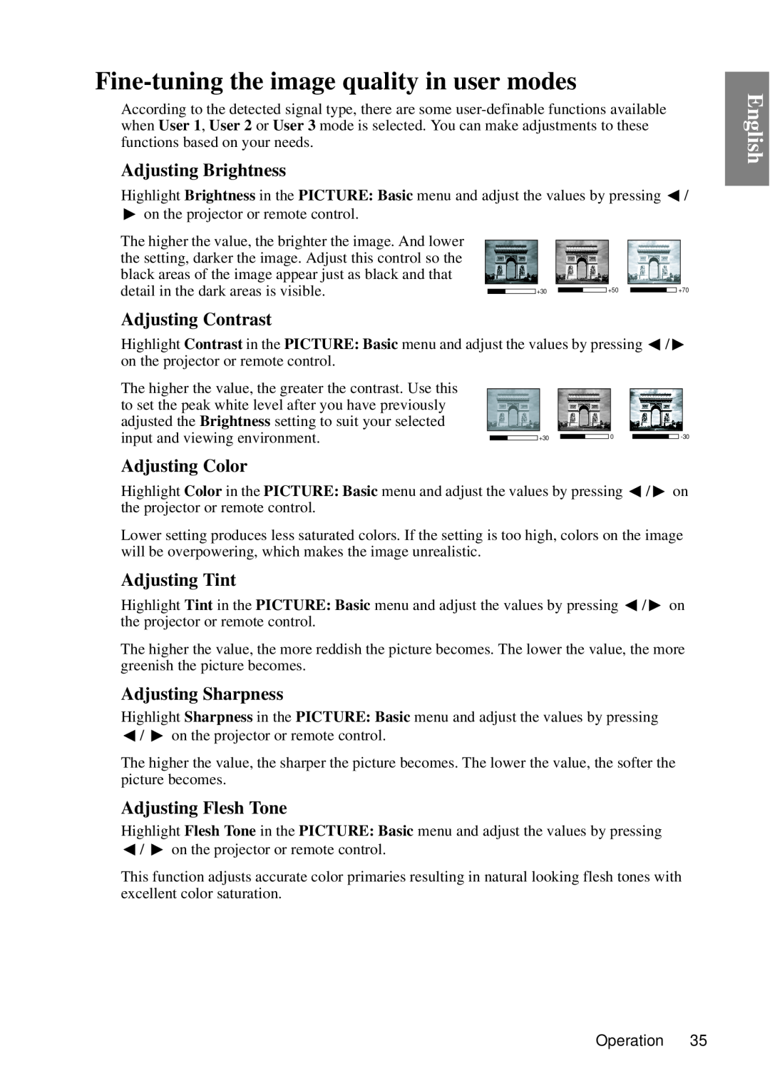 BenQ SP840 Fine-tuning the image quality in user modes, Adjusting Brightness, Adjusting Contrast, Adjusting Color, English 