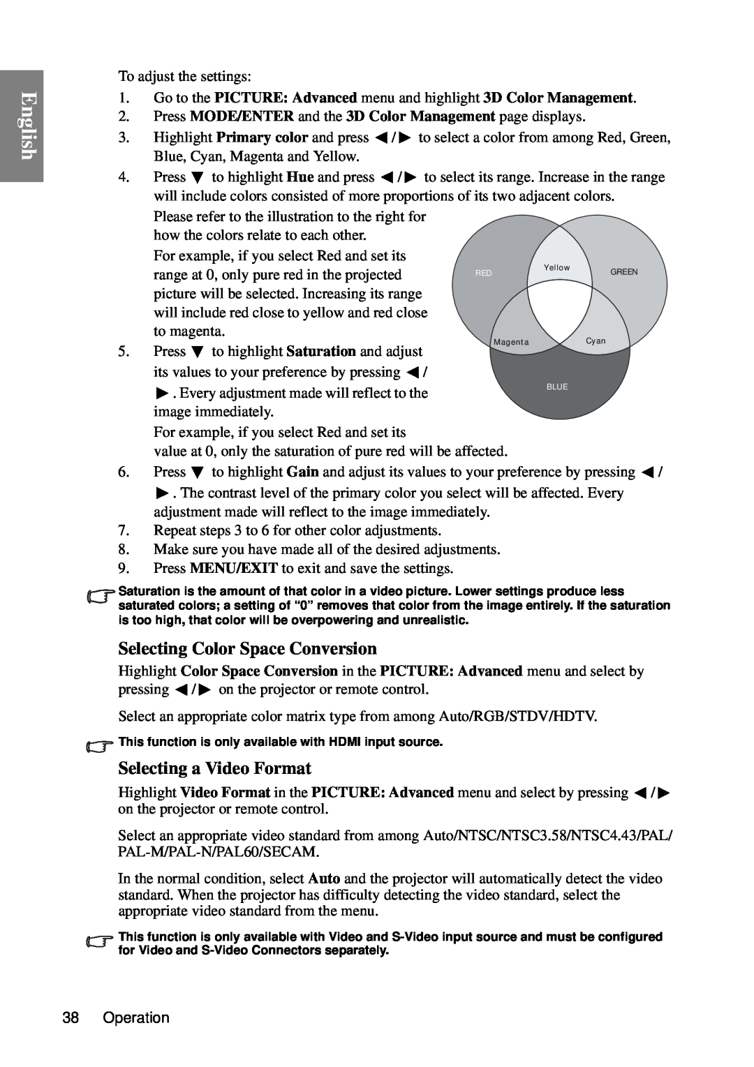 BenQ SP840 user manual Selecting Color Space Conversion, Selecting a Video Format, English 