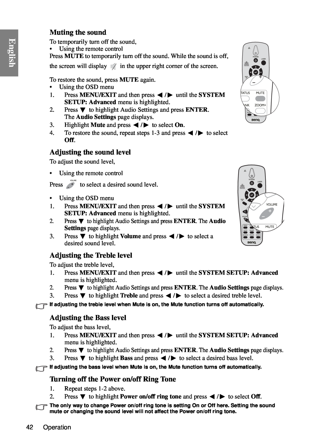 BenQ SP840 Muting the sound, Adjusting the sound level, Adjusting the Treble level, Adjusting the Bass level, English 