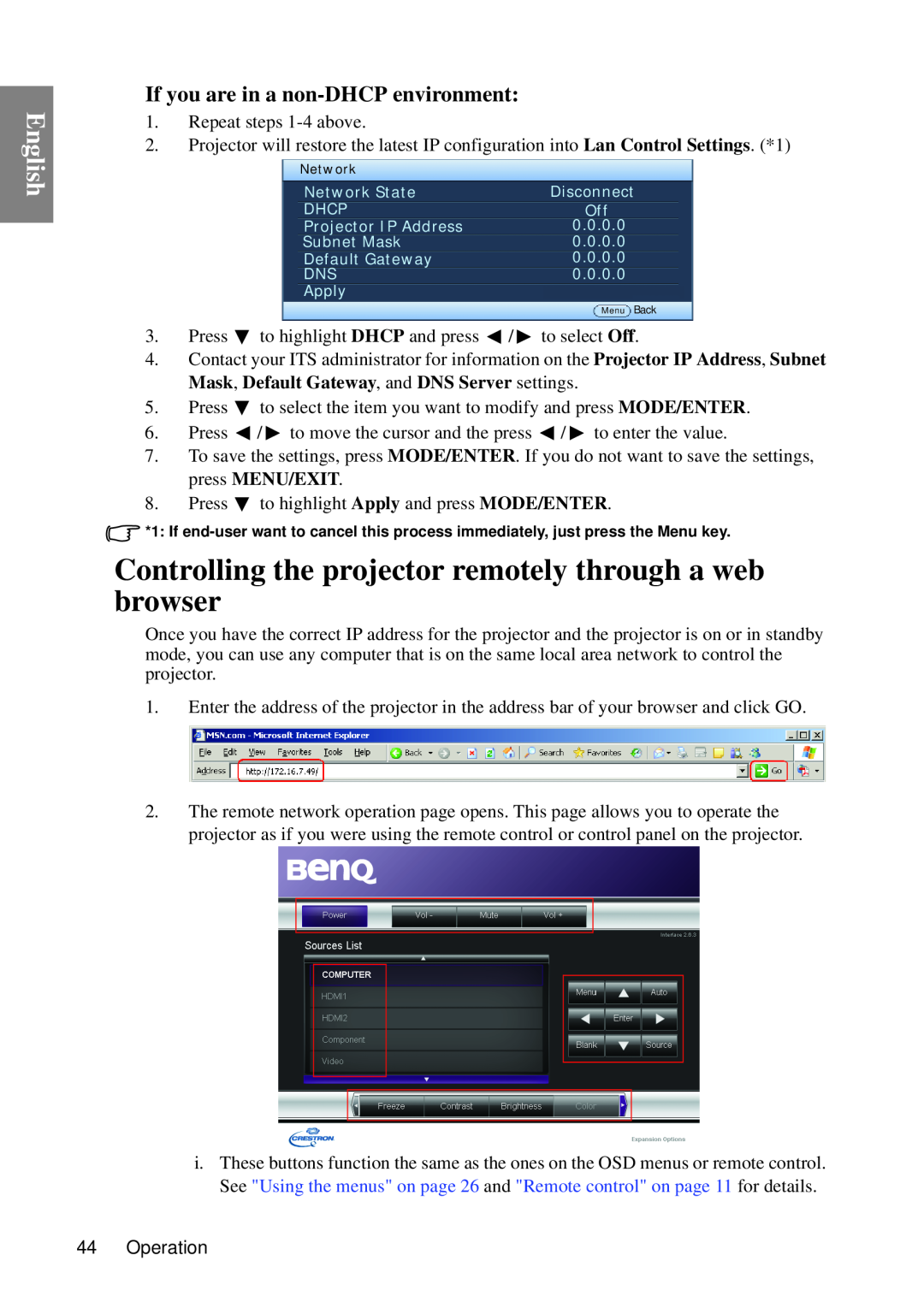 BenQ SP840 Controlling the projector remotely through a web browser, If you are in a non-DHCP environment, English 
