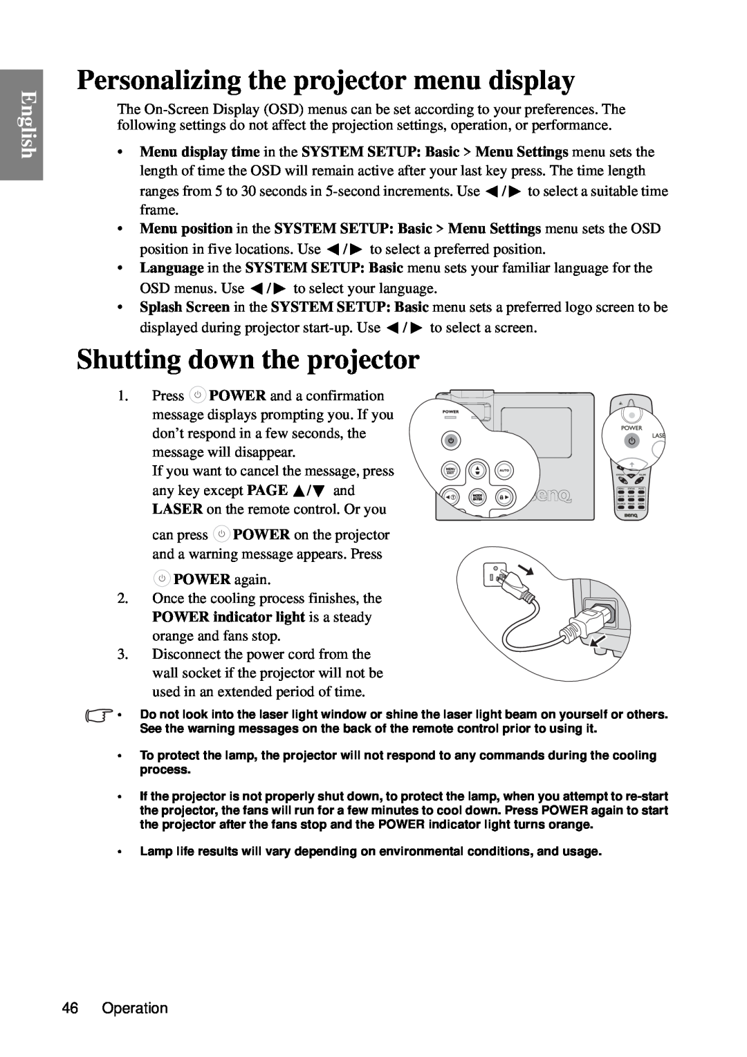 BenQ SP840 user manual Personalizing the projector menu display, Shutting down the projector, English 