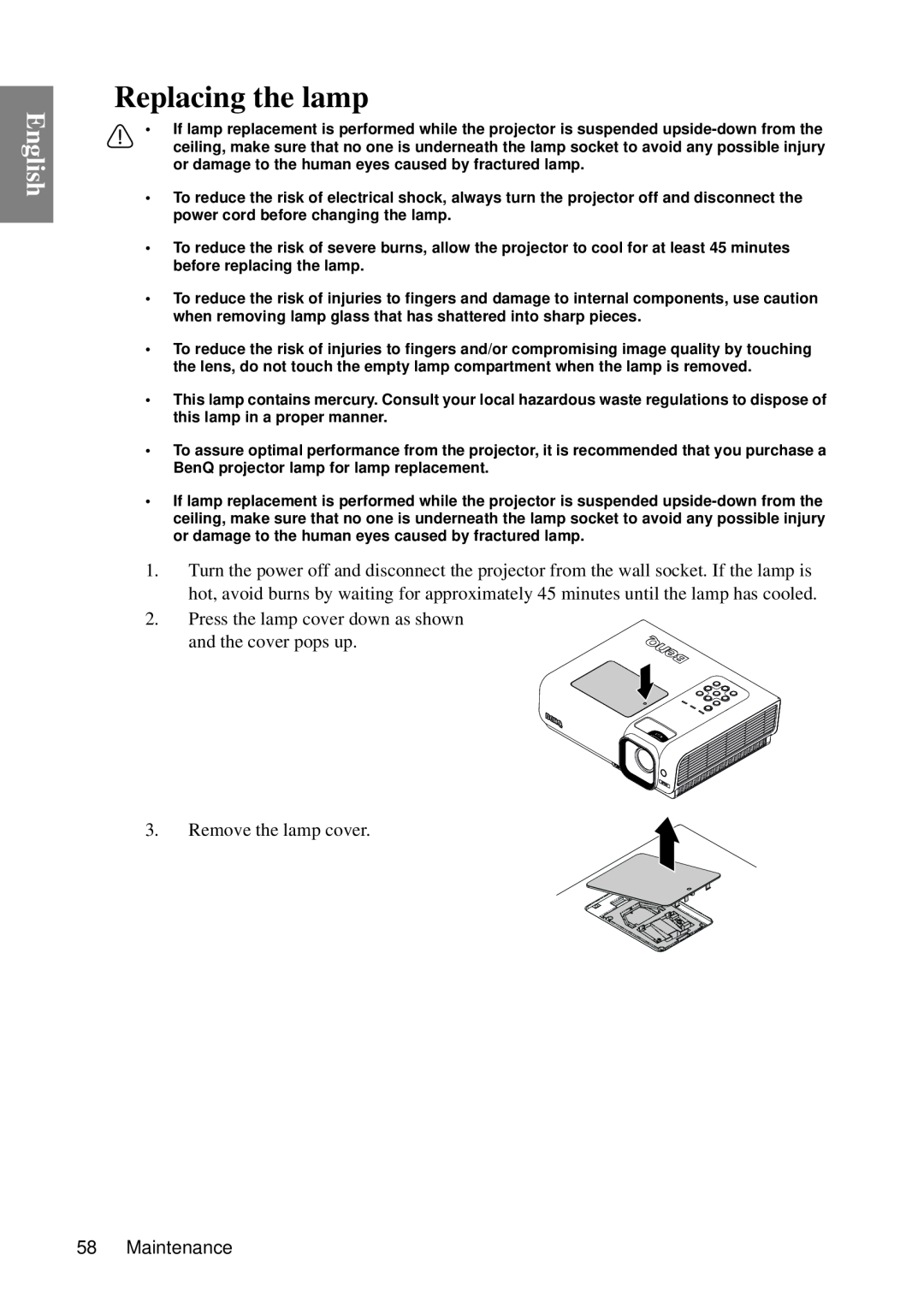 BenQ SP840 user manual Replacing the lamp, English, Maintenance 