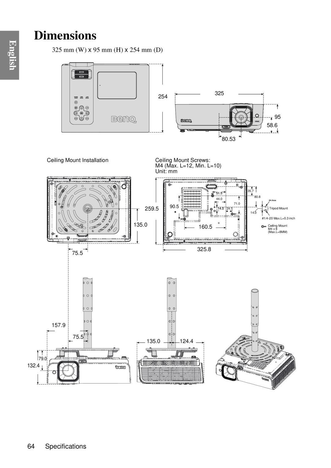 BenQ SP840 Dimensions, English, 132.4, Ceiling Mount Installation, 254325, 259.5 135.0, 160.5, 75.5 157.9, 325.8 135.0 