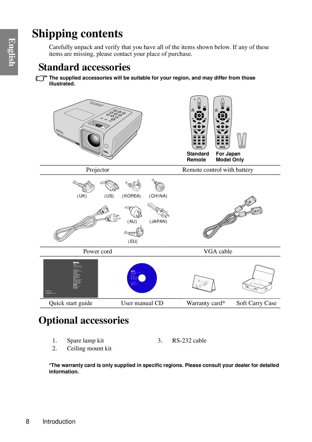 BenQ SP840 user manual Shipping contents, Standard accessories, Optional accessories, English 