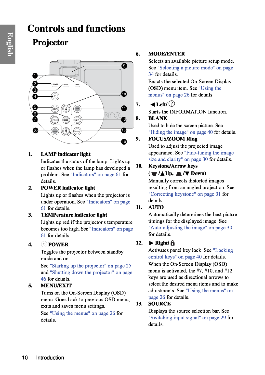 BenQ SP840 user manual Controls and functions, Projector, English, See Using the menus on page 26 for details 