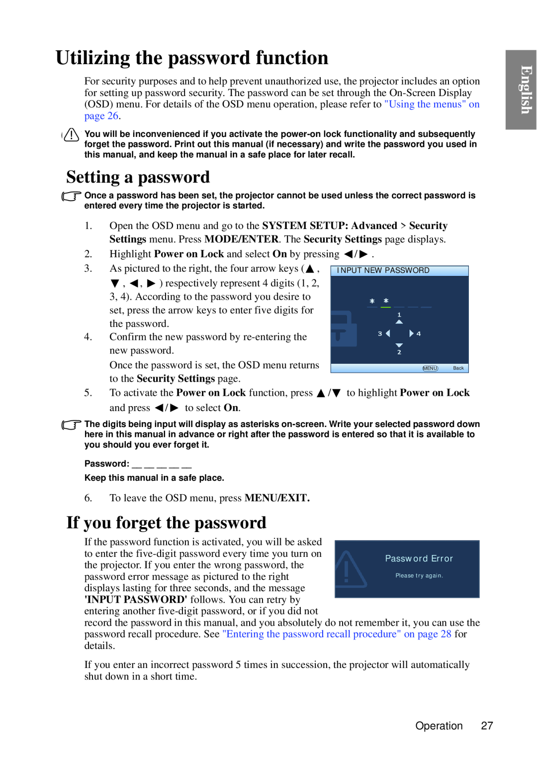 BenQ SP840 user manual Utilizing the password function, Setting a password, If you forget the password, English 