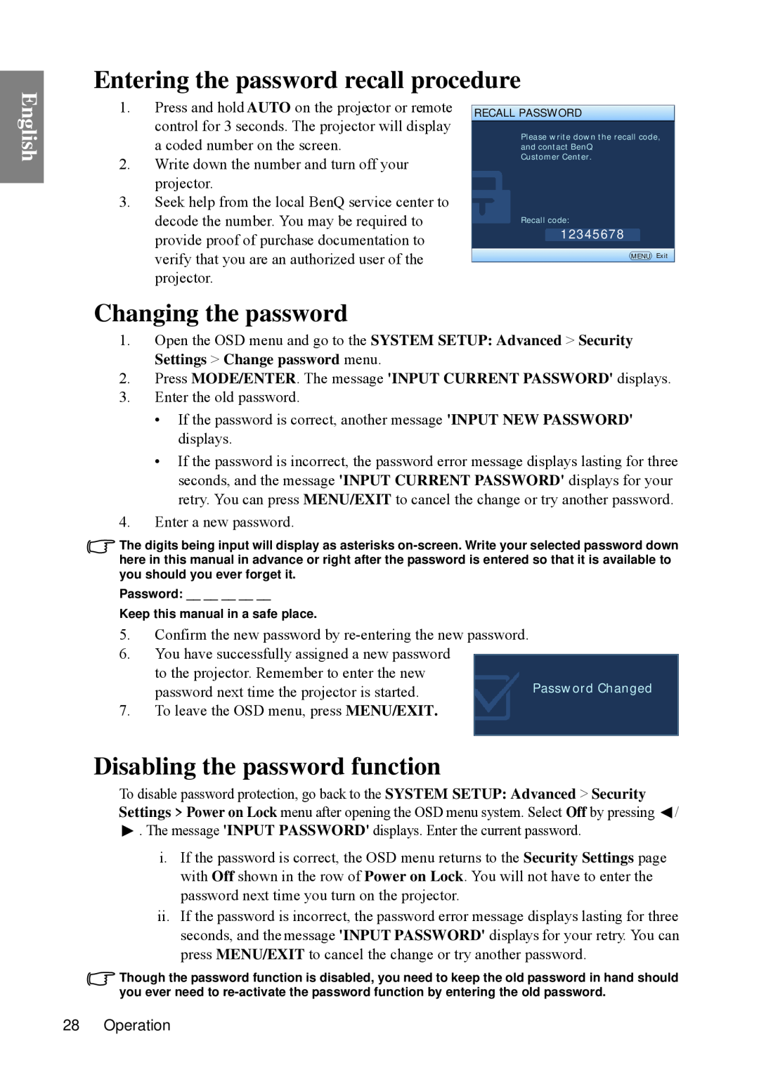 BenQ SP840 Entering the password recall procedure, Changing the password, Disabling the password function, English 