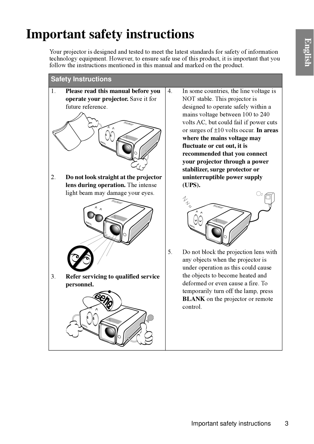 BenQ SP840 user manual Important safety instructions, English, Safety Instructions 