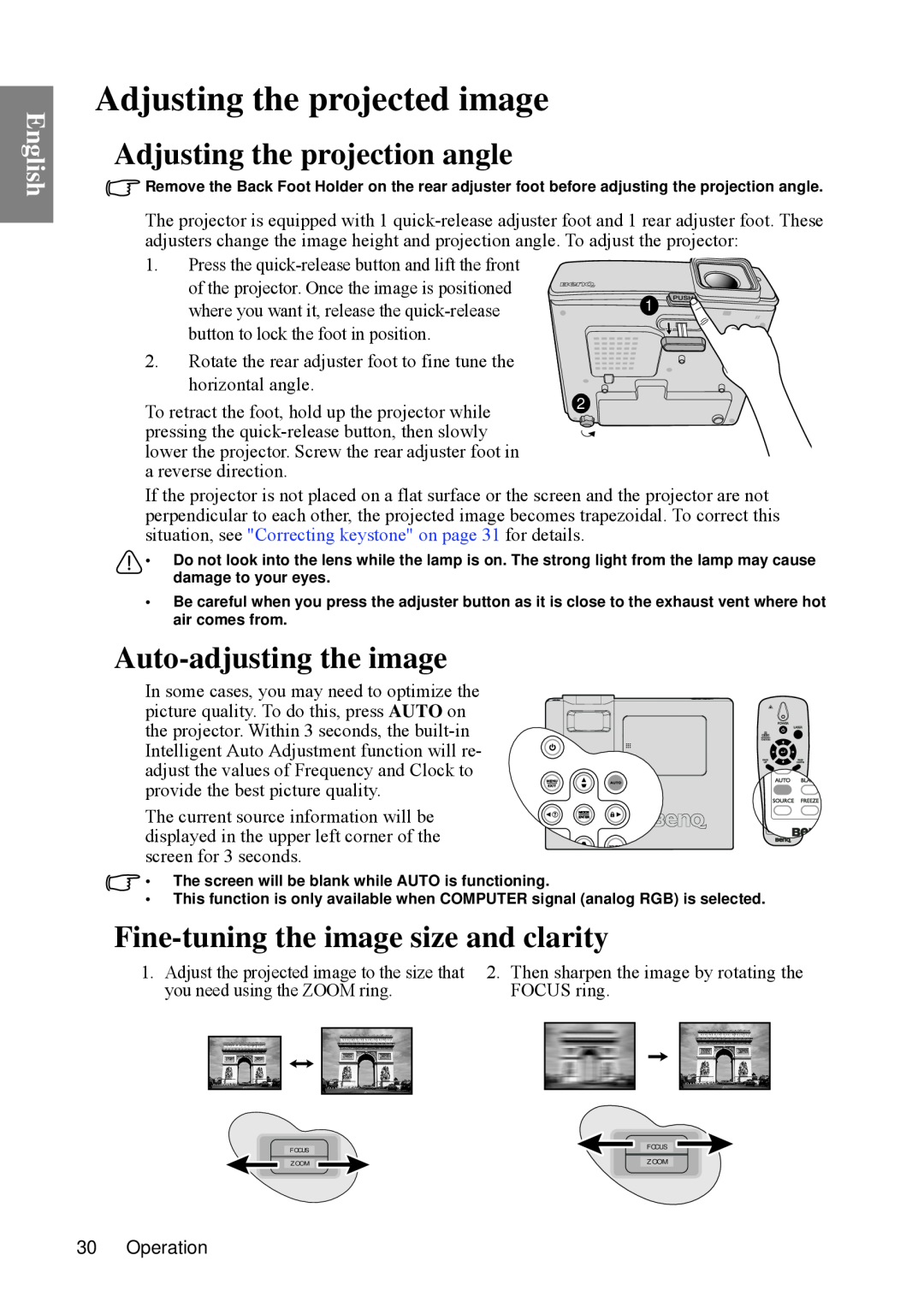 BenQ SP840 user manual Adjusting the projected image, Adjusting the projection angle, Auto-adjusting the image, English 