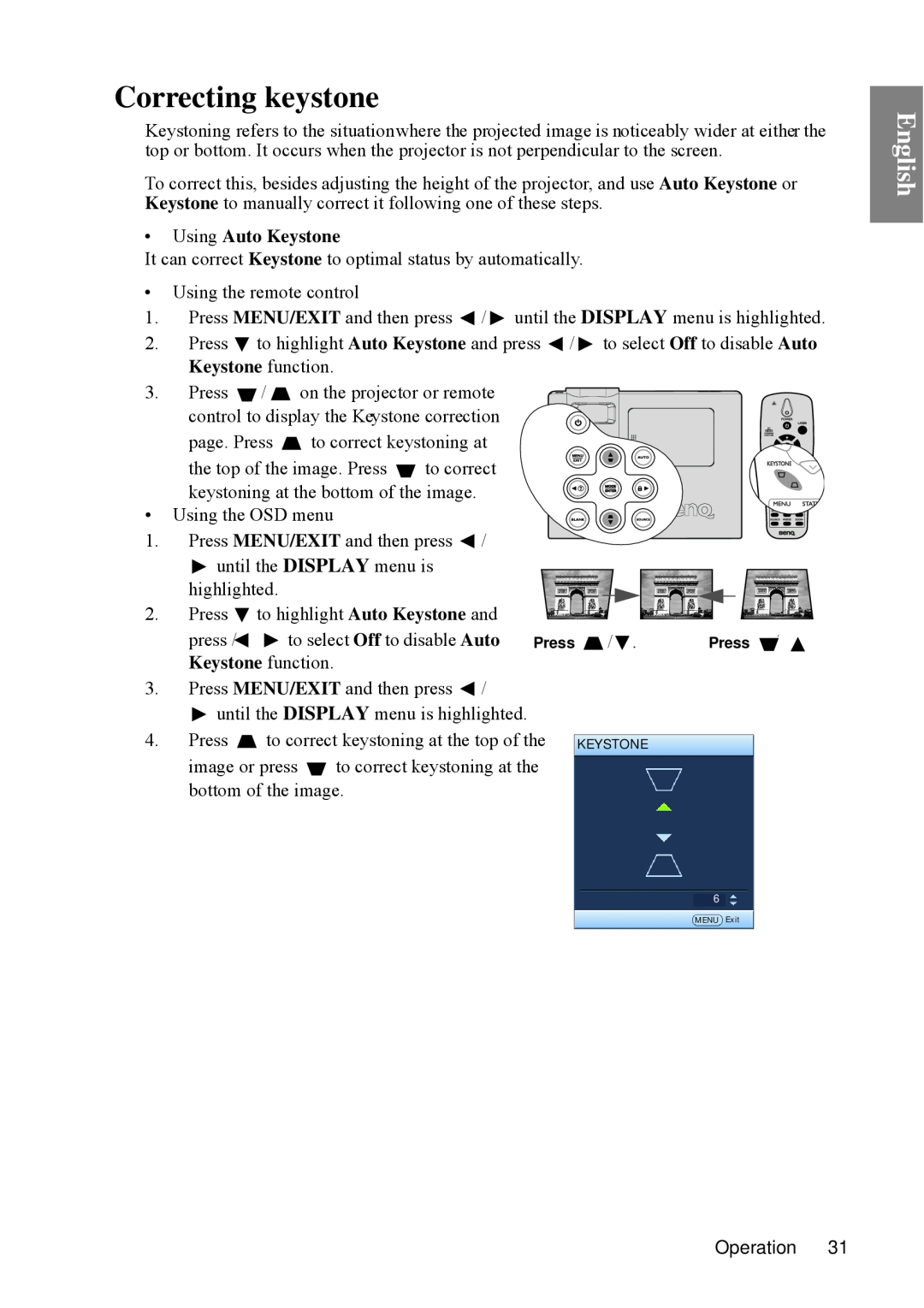 BenQ SP840 user manual Correcting keystone, English, Using Auto Keystone, Keystone function 
