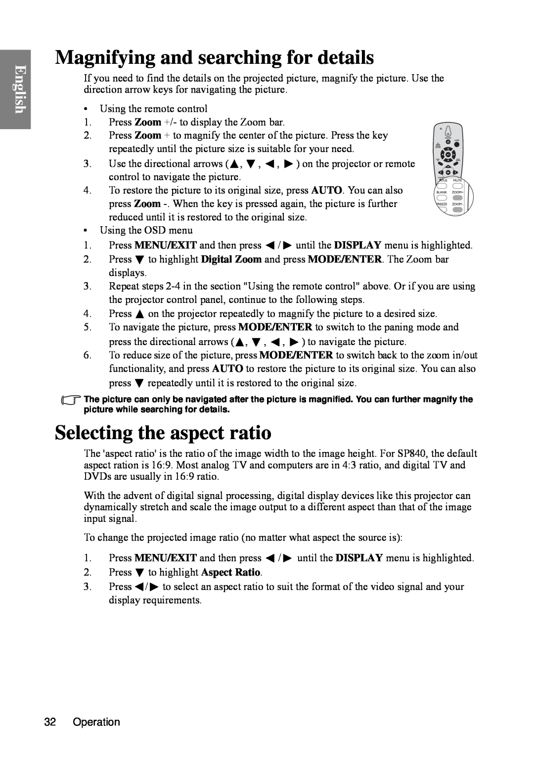 BenQ SP840 user manual Magnifying and searching for details, Selecting the aspect ratio, English, Operation 