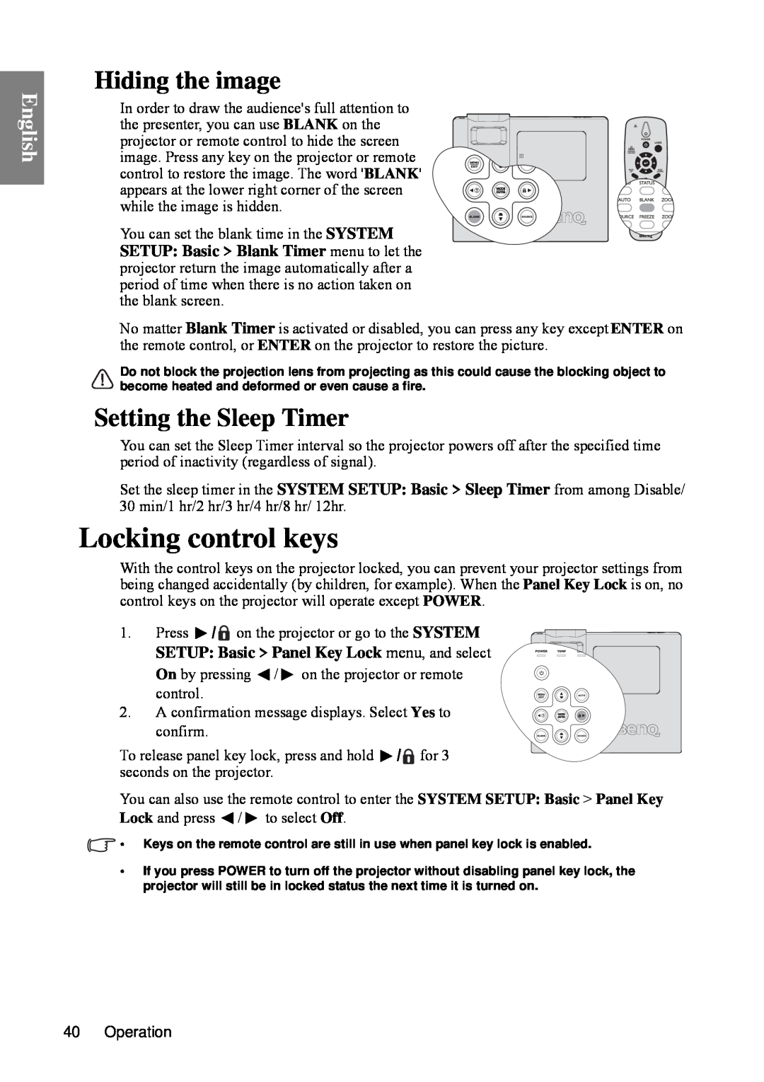 BenQ SP840 user manual Locking control keys, Hiding the image, Setting the Sleep Timer, English 