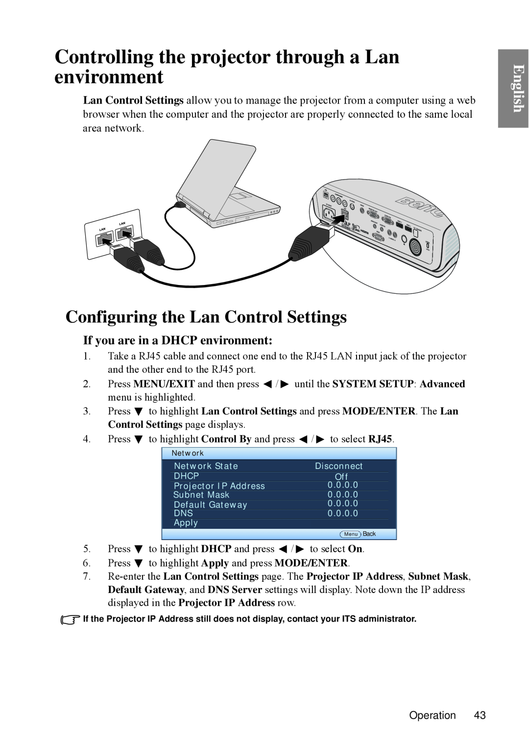 BenQ SP840 user manual Controlling the projector through a Lan environment, Configuring the Lan Control Settings, English 