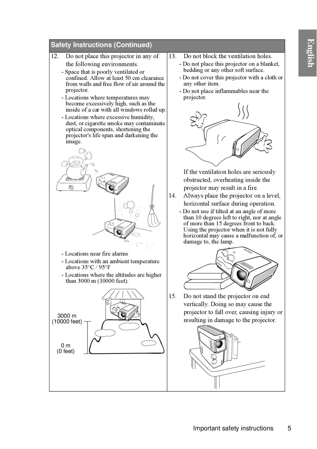 BenQ SP840 English, Safety Instructions Continued, Do not place this projector in any of the following environments 