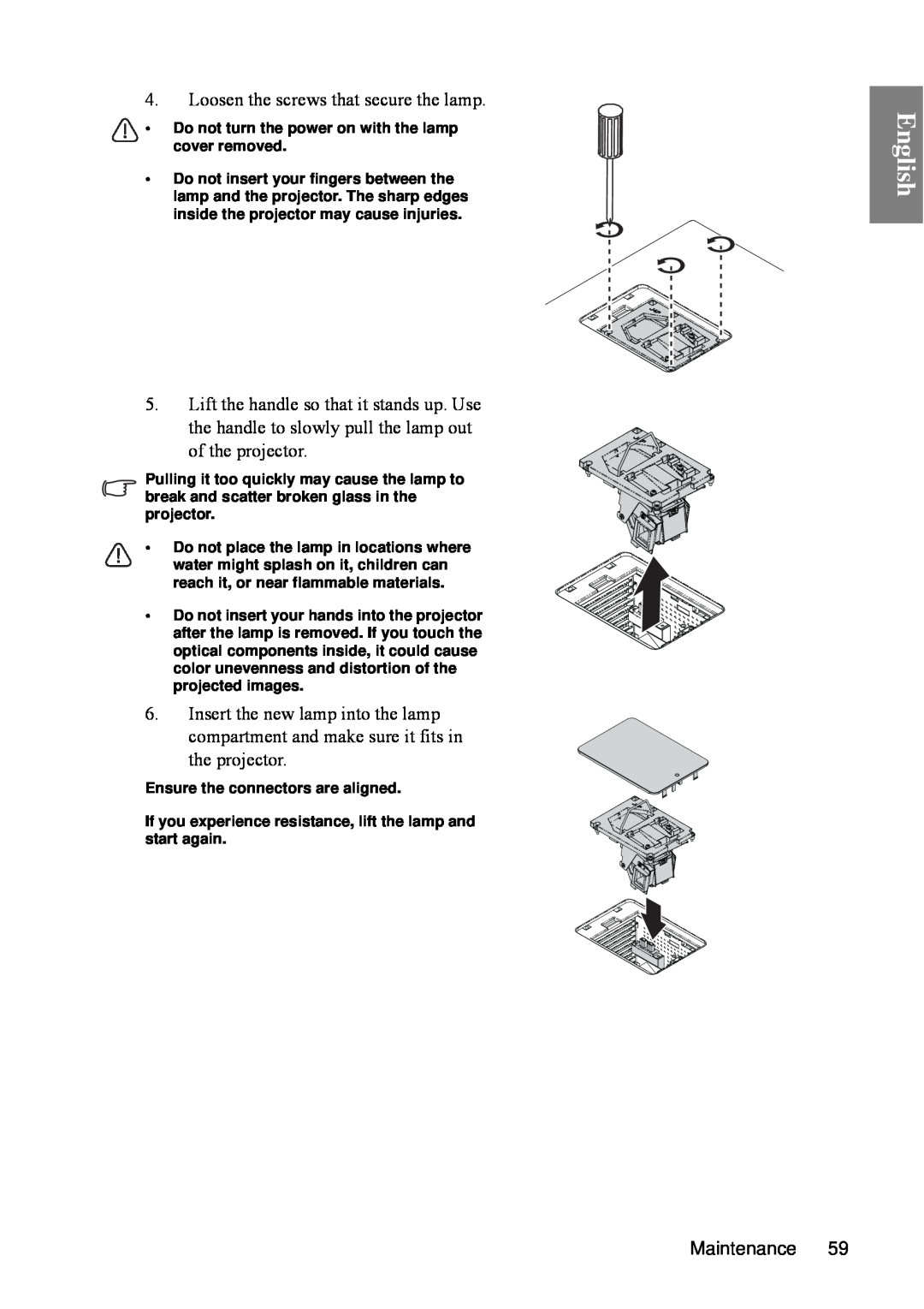 BenQ SP840 user manual English, Loosen the screws that secure the lamp 