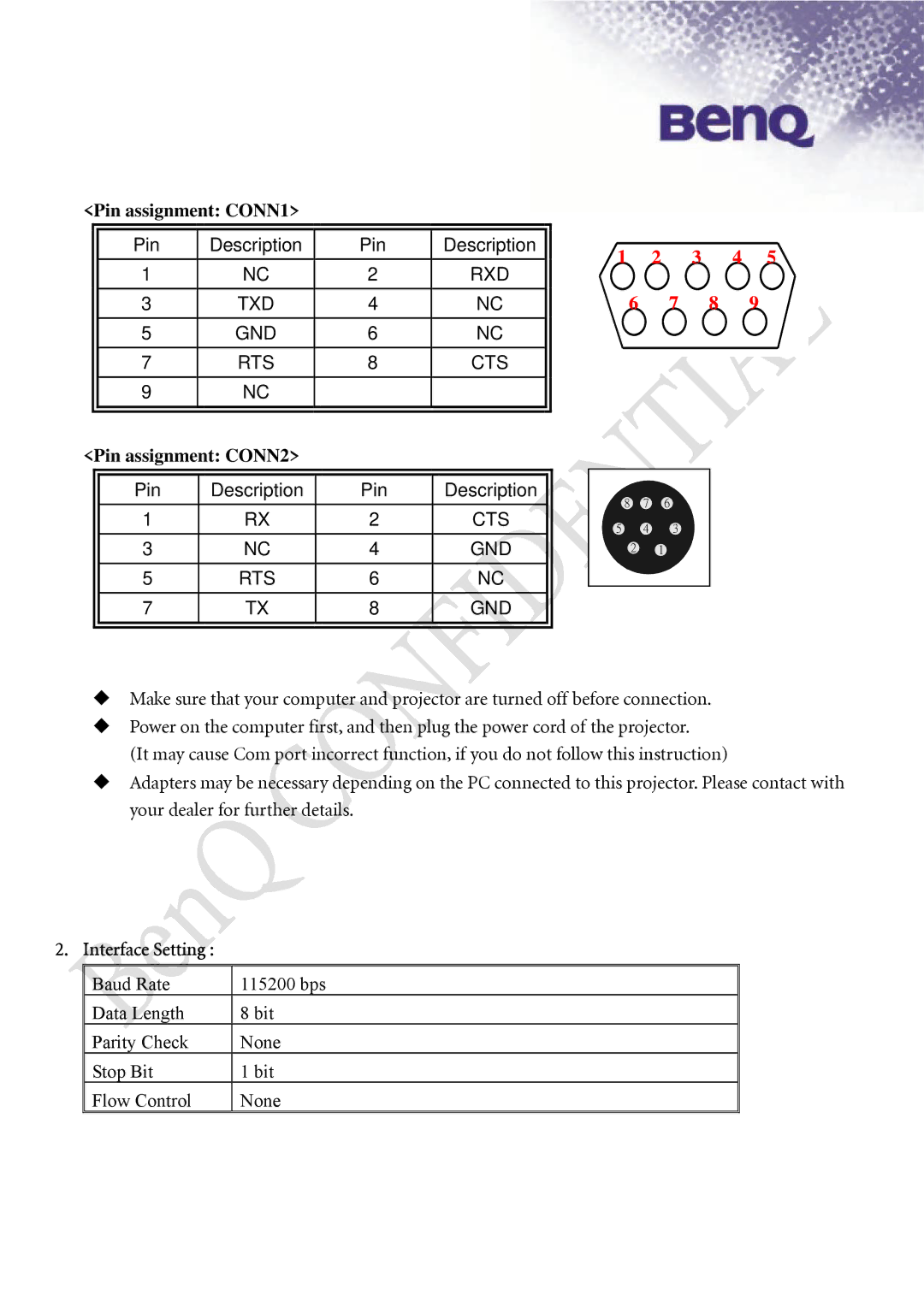 BenQ SP870 manual Pin assignment CONN1, Pin assignment CONN2, Interface Setting 