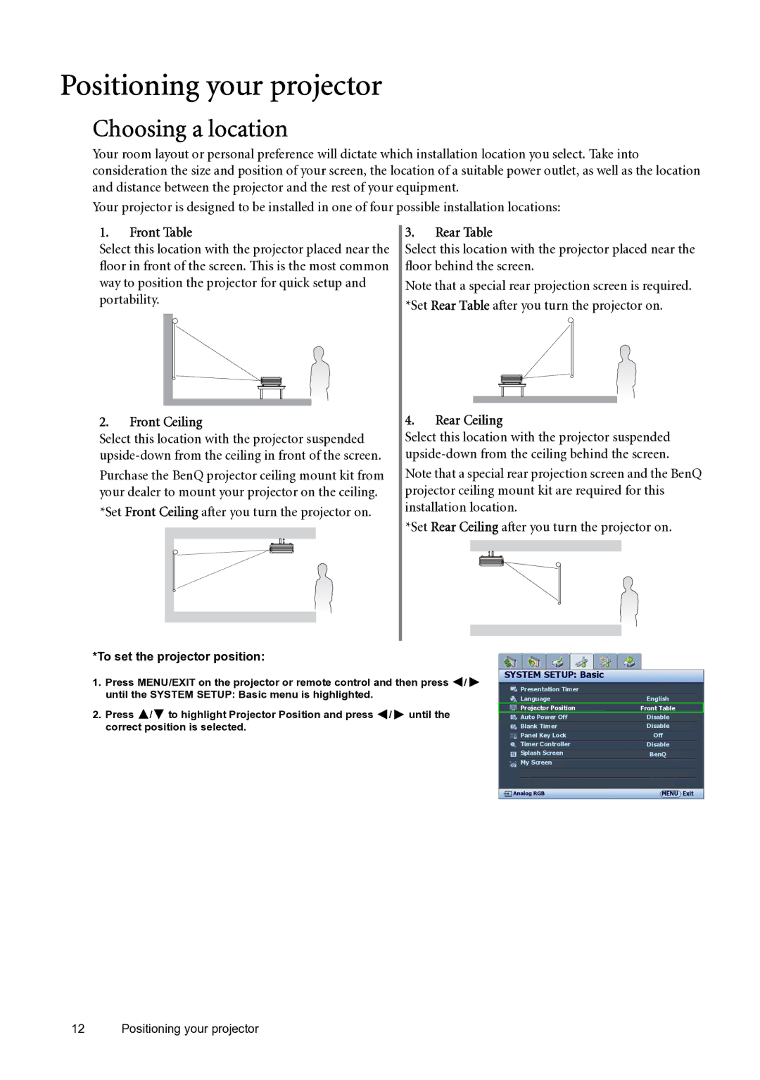 BenQ SP870 user manual Positioning your projector, Choosing a location 