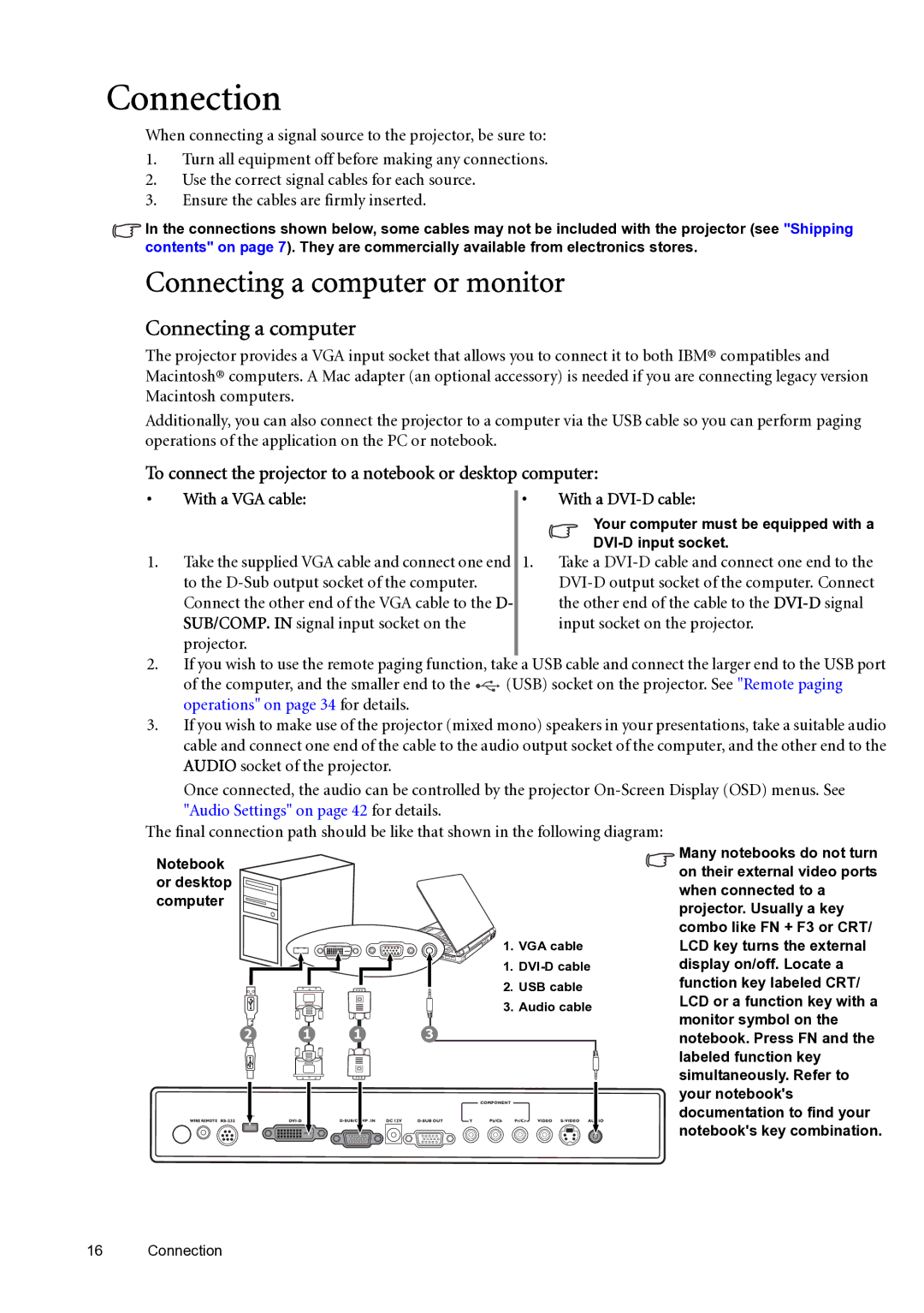 BenQ SP870 Connection, Connecting a computer or monitor, To connect the projector to a notebook or desktop computer 