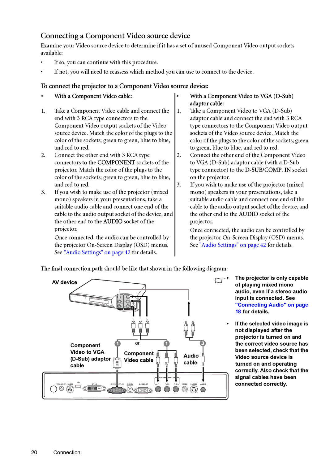 BenQ SP870 Connecting a Component Video source device, To connect the projector to a Component Video source device 