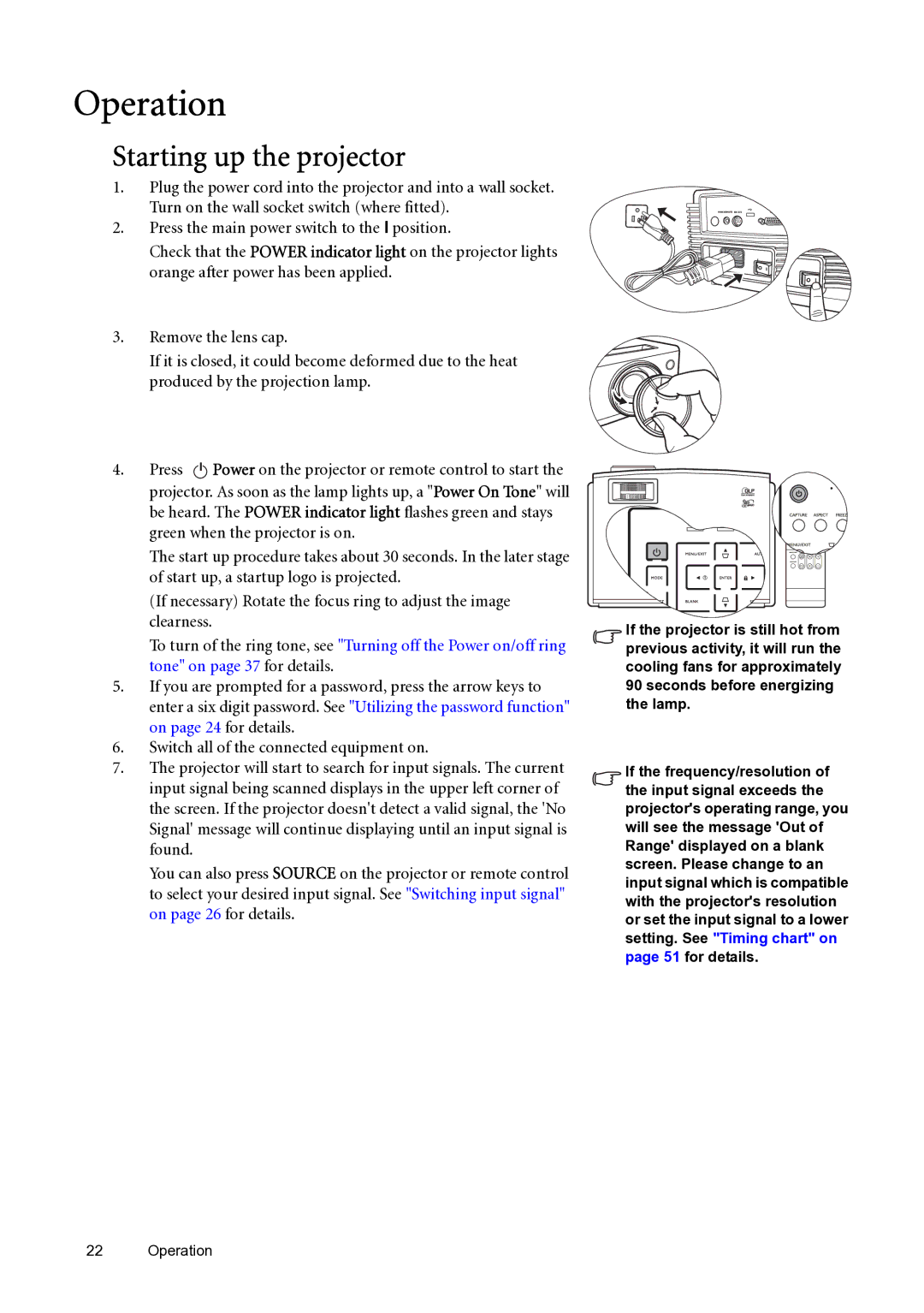 BenQ SP870 user manual Operation, Starting up the projector 