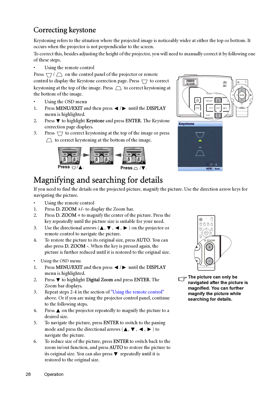 BenQ SP870 user manual Magnifying and searching for details, Correcting keystone, Press 