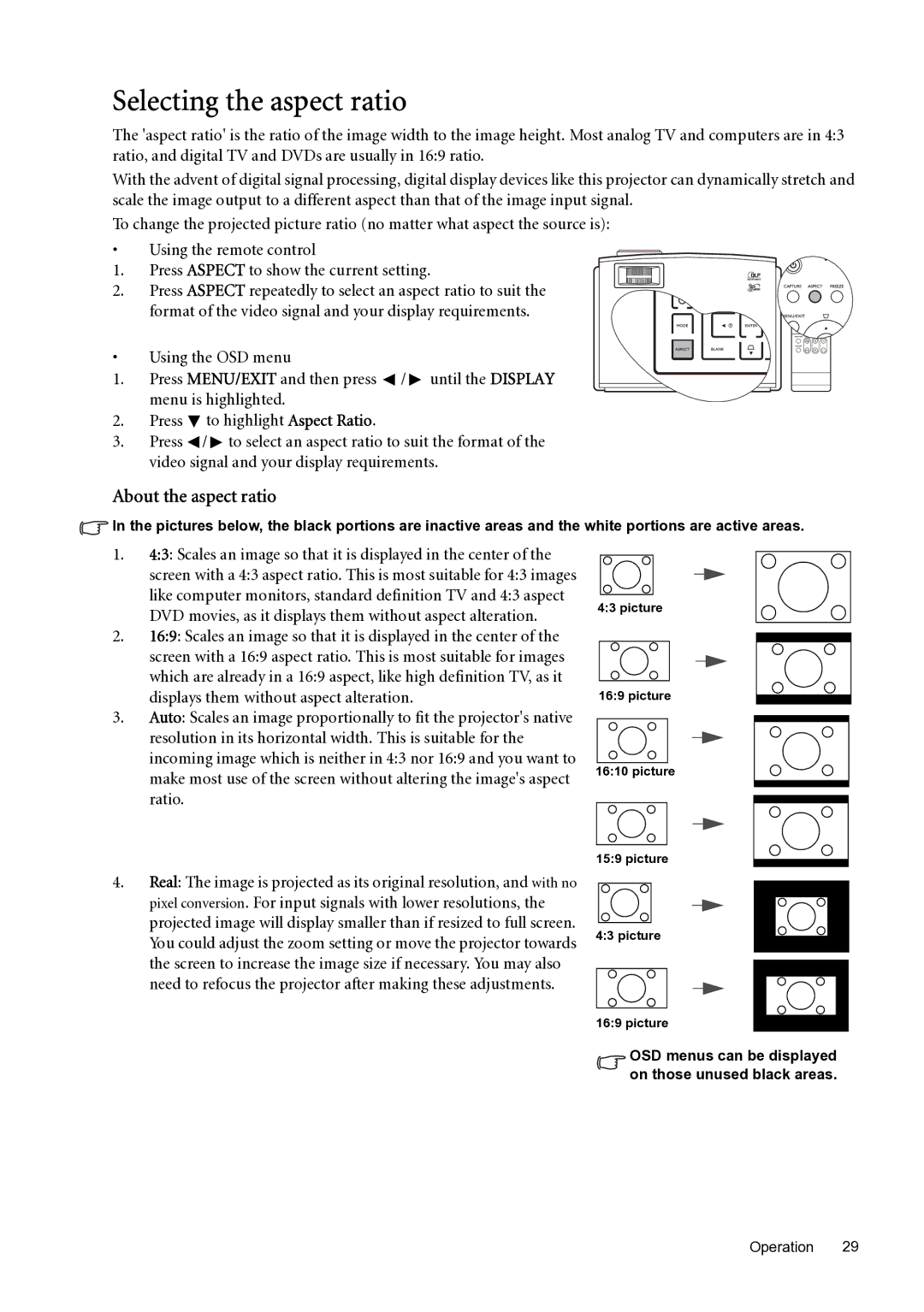 BenQ SP870 user manual Selecting the aspect ratio, About the aspect ratio 