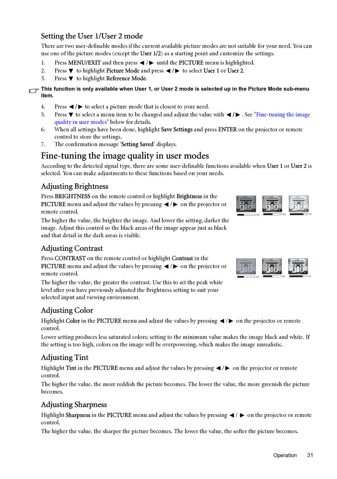 BenQ SP870 user manual Fine-tuning the image quality in user modes 