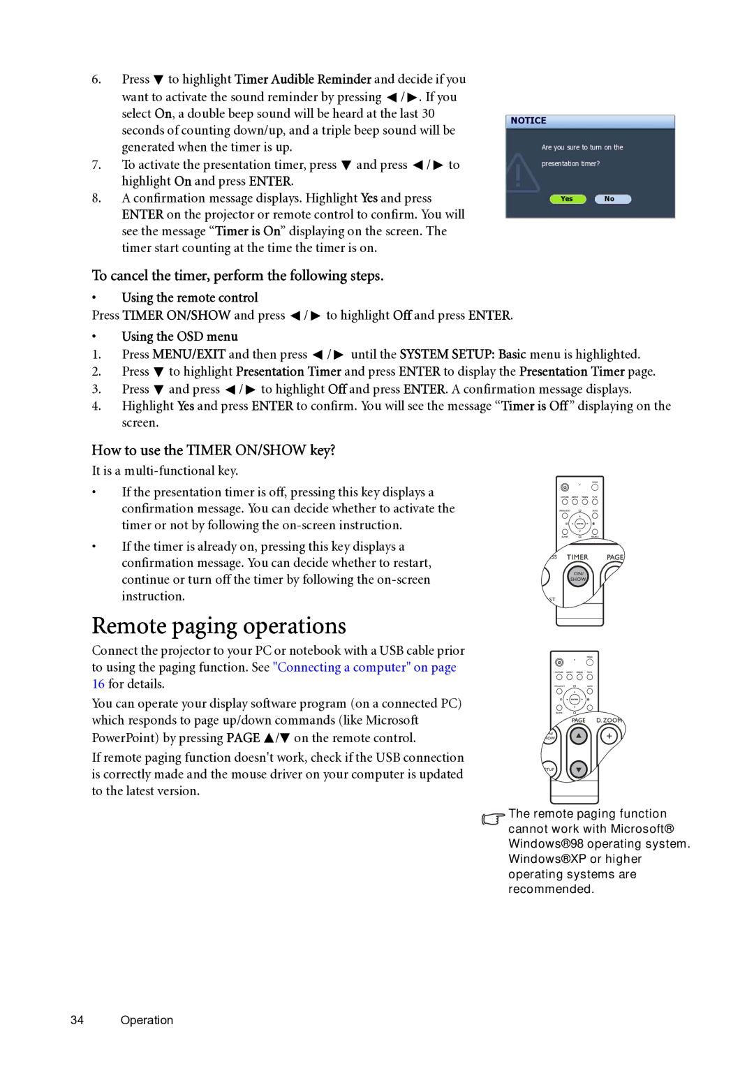 BenQ SP870 Remote paging operations, To cancel the timer, perform the following steps, How to use the Timer ON/SHOW key? 