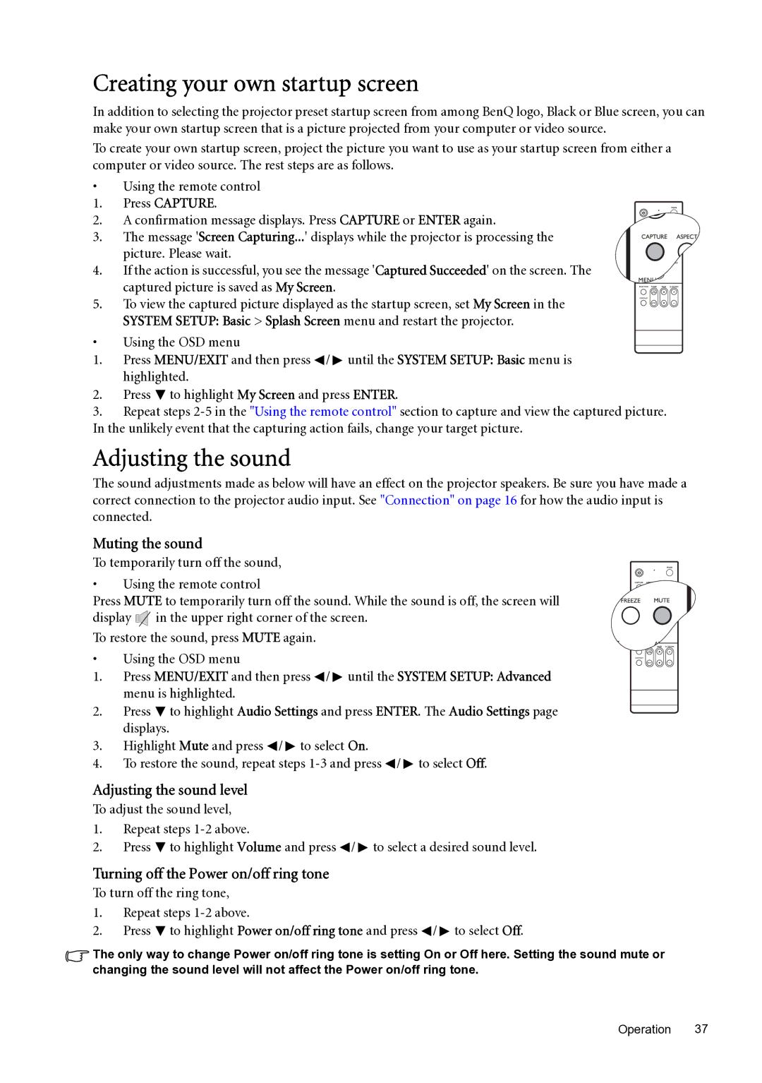 BenQ SP870 user manual Creating your own startup screen, Muting the sound, Adjusting the sound level 