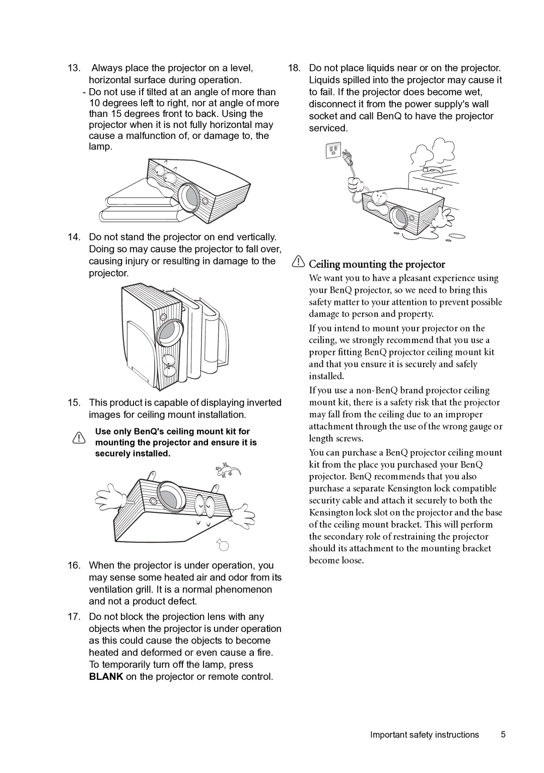 BenQ SP870 user manual Ceiling mounting the projector 