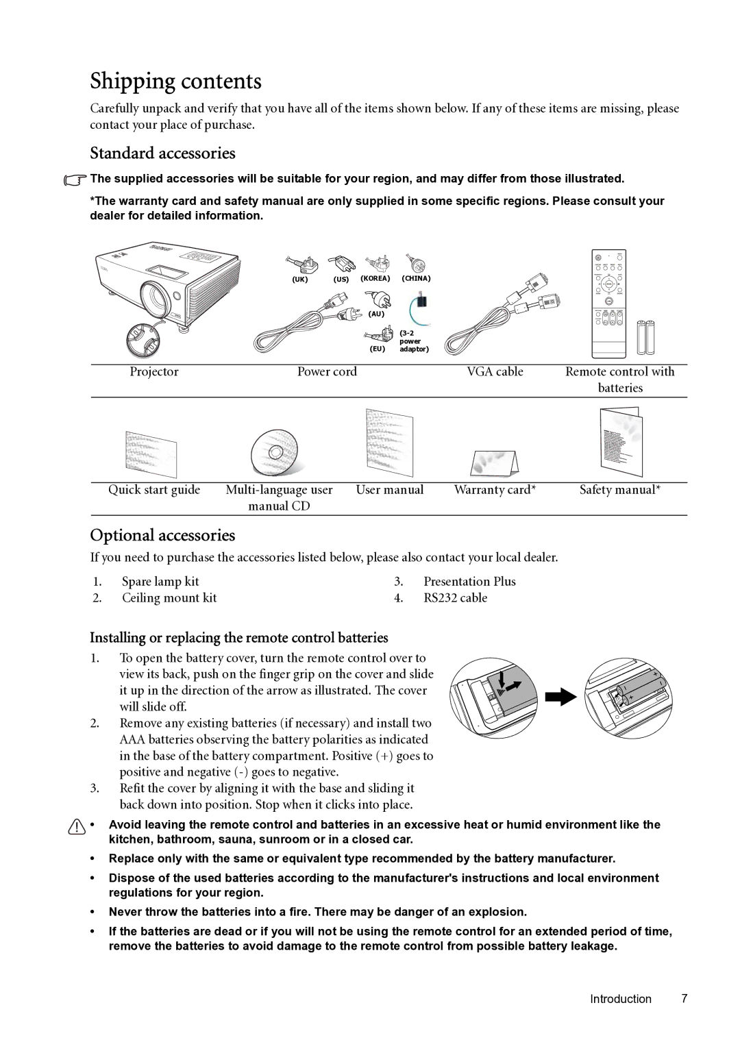 BenQ SP870 user manual Shipping contents 