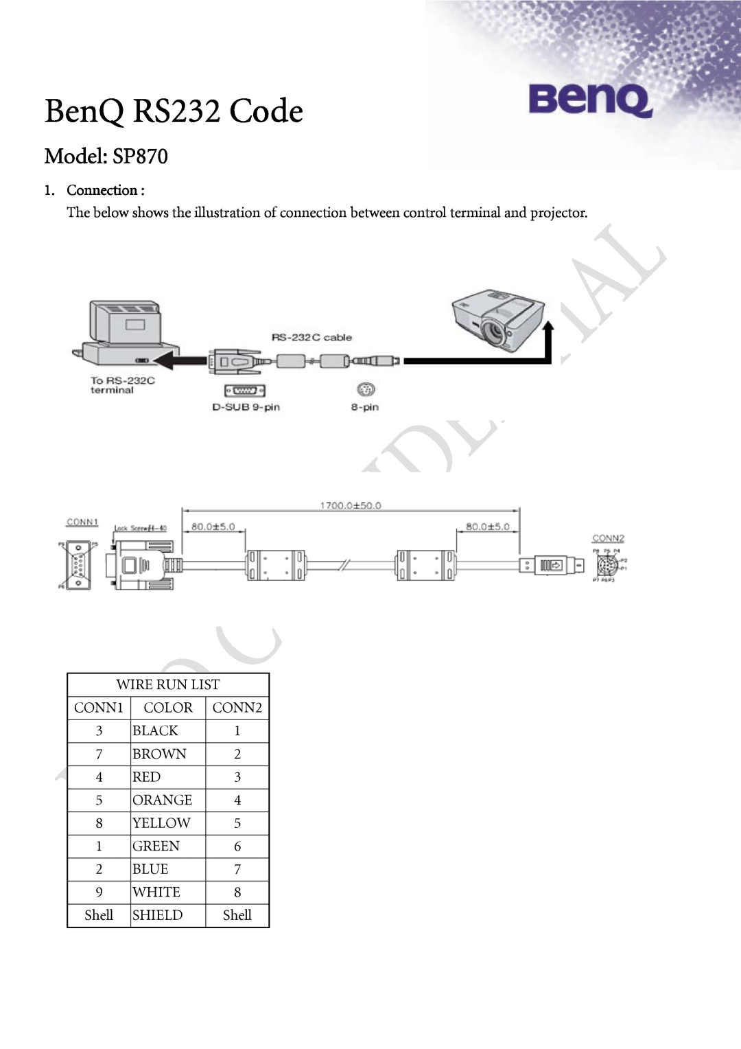 BenQ manual Connection, BenQ RS232 Code, Model SP870 