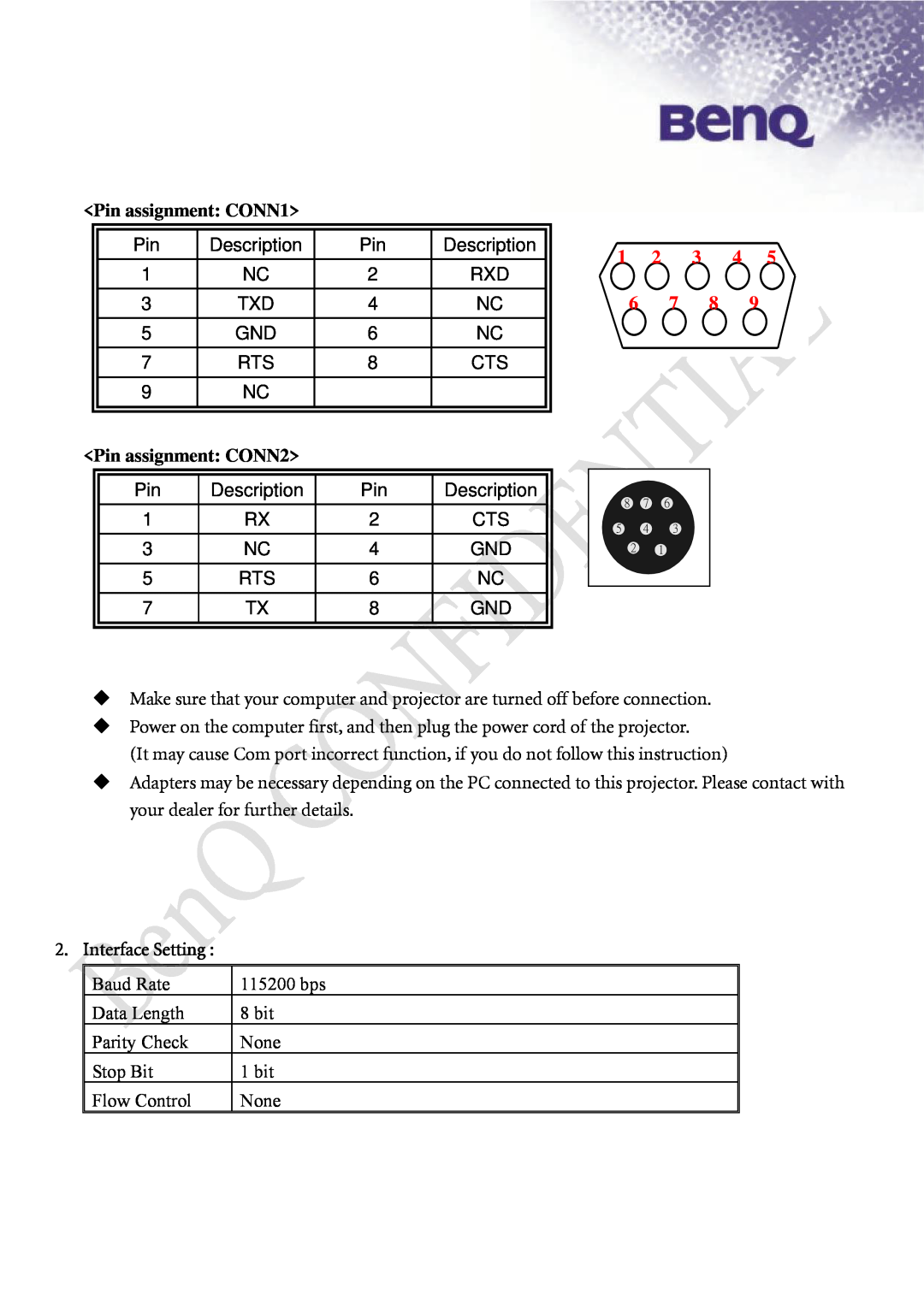 BenQ SP870 manual Pin assignment CONN1, Pin assignment CONN2, Interface Setting, 1 2 3 4, Description 