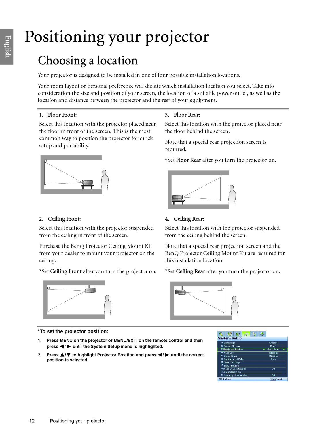 BenQ SP890 user manual Choosing a location, Floor Front, Ceiling Front, Floor Rear, Ceiling Rear 