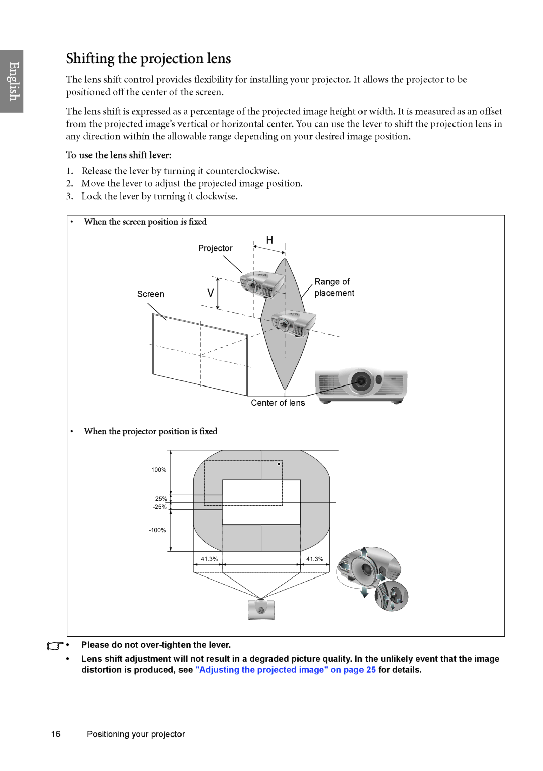 BenQ SP890 user manual Shifting the projection lens, To use the lens shift lever 