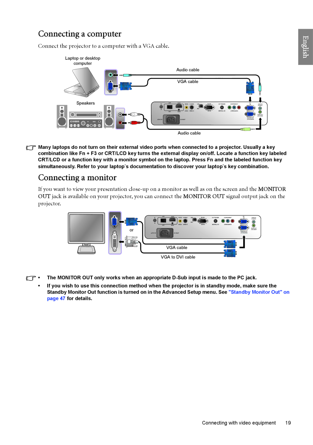 BenQ SP890 user manual Connecting a computer, Connecting a monitor, Connect the projector to a computer with a VGA cable 