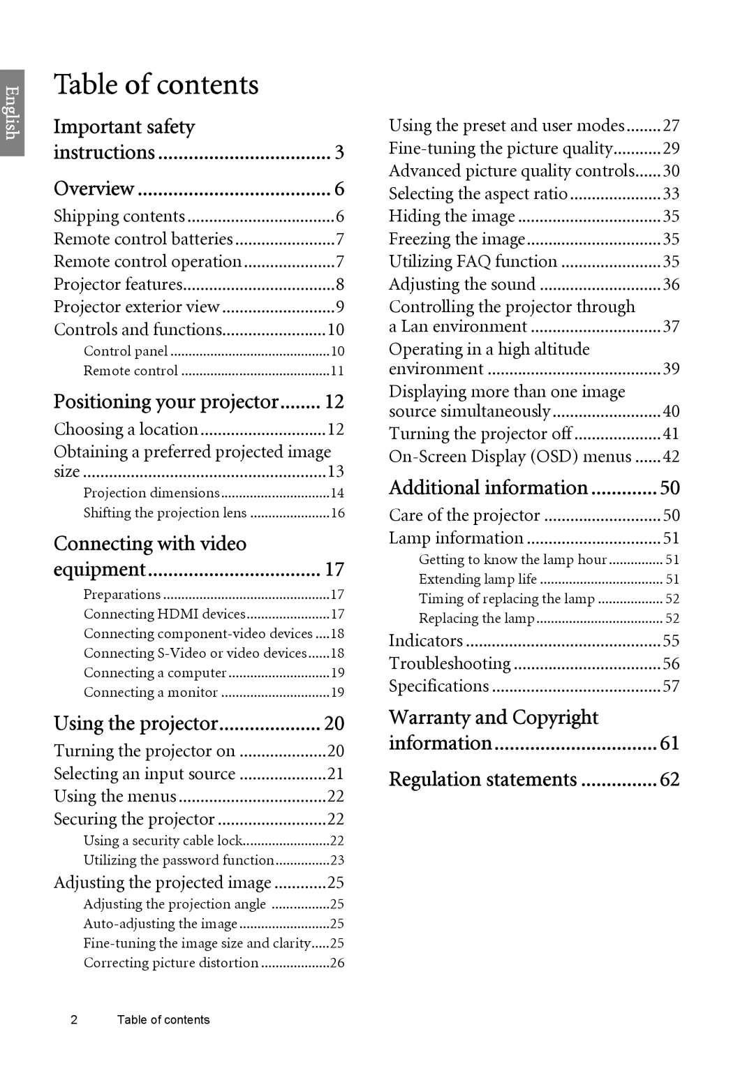 BenQ SP890 user manual Table of contents 