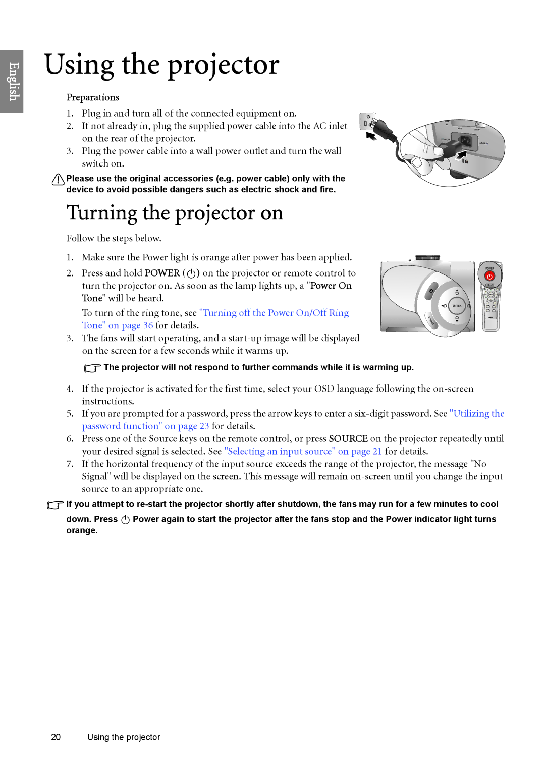 BenQ SP890 user manual Turning the projector on, Preparations 