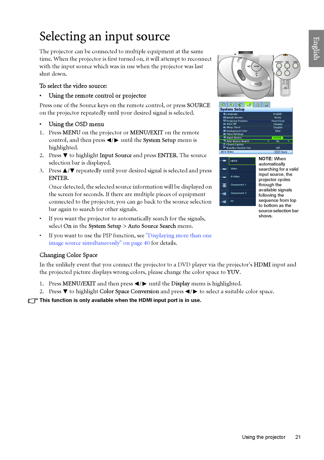 BenQ SP890 user manual Selecting an input source, Using the OSD menu, Changing Color Space 