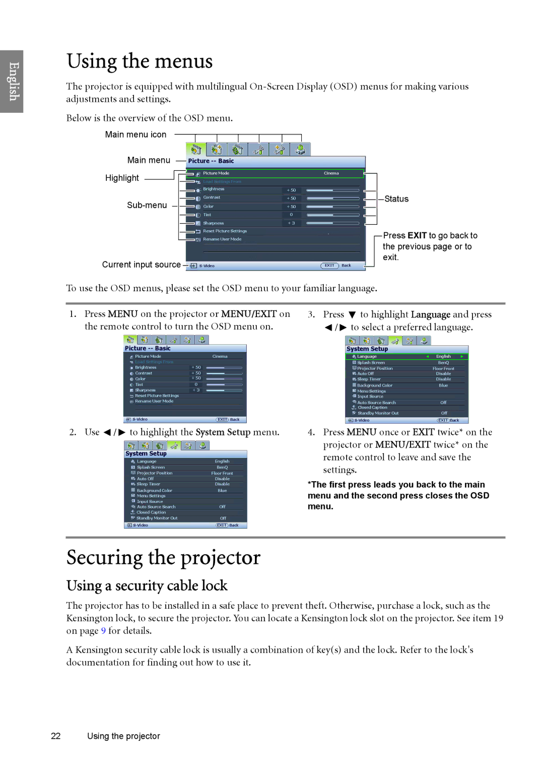 BenQ SP890 Using the menus, Securing the projector, Using a security cable lock, Use / to highlight the System Setup menu 